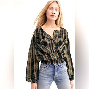#119- FREE PEOPLE-It's The Good Life Cropped Plaid Flannel Top Size XS